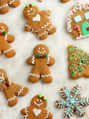 gluten-free gingerbread cookies decorated on a white background