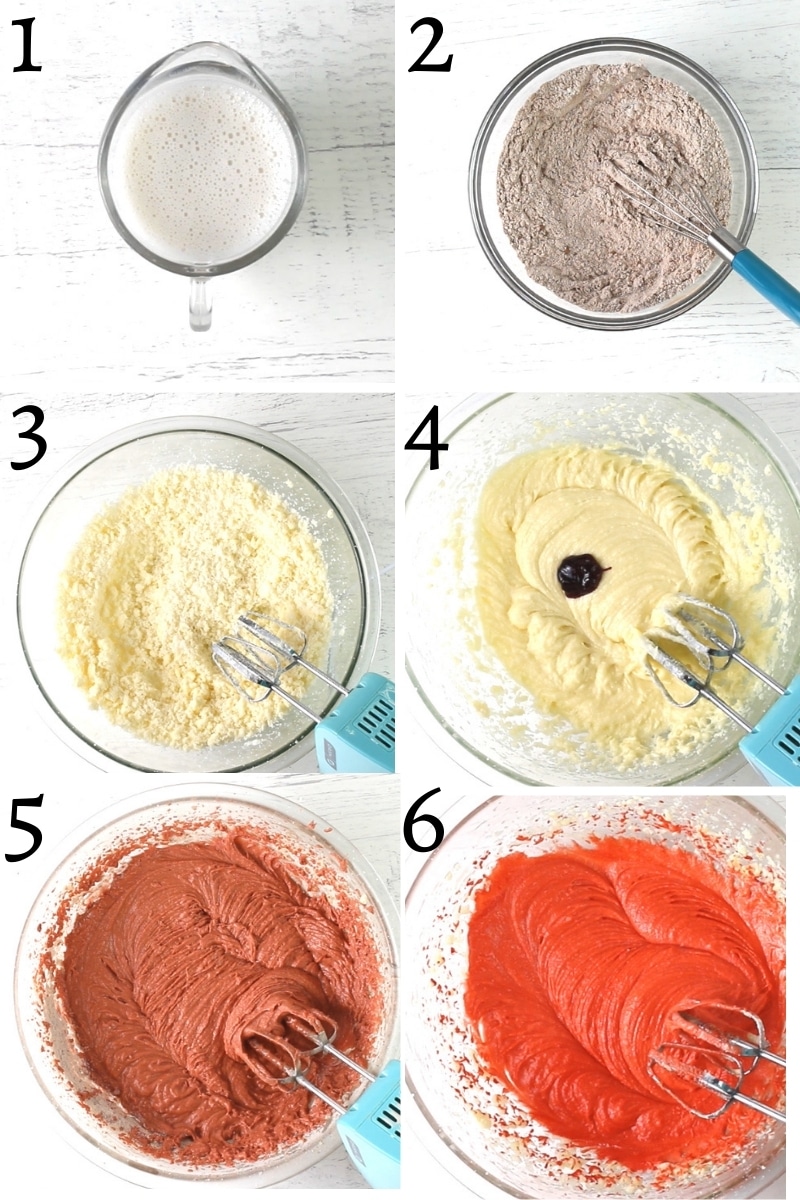 gluten-free red velvet cake recipe steps 1-6 photo collage