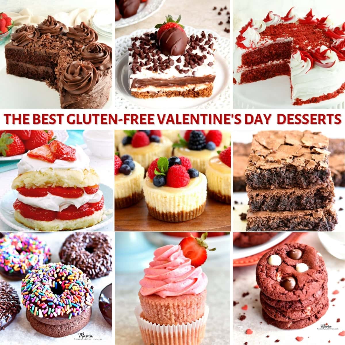 photo collage of gluten free dessert recipes for Valentine's Day