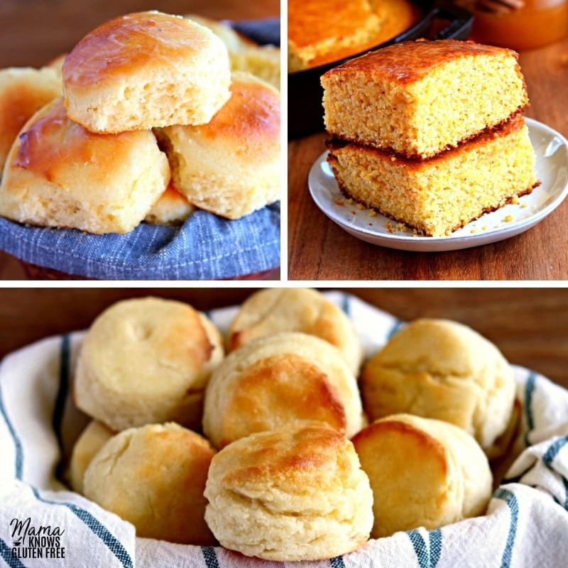 photo collage of gluten-free rolls, cornbread, and biscuits.