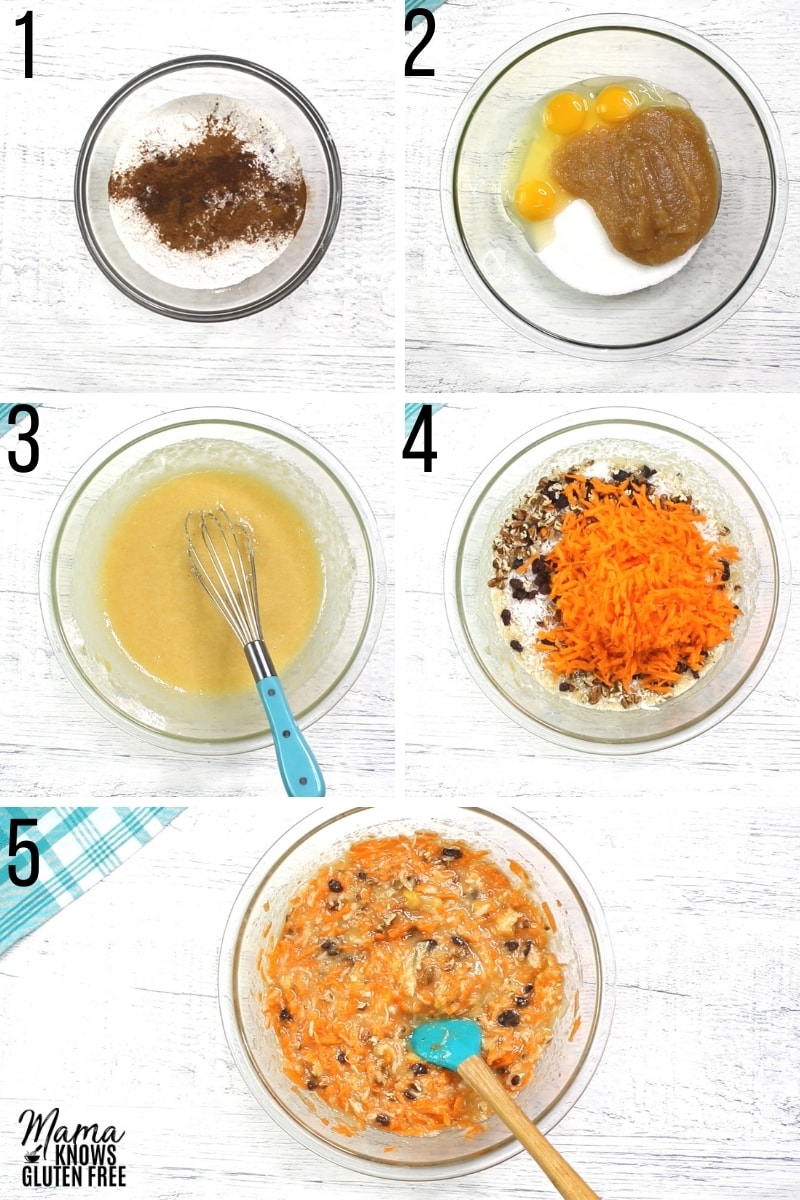 gluten-free carrot cake recipe steps photo collage 1-5