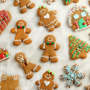 gluten-free gingerbread cookies decorated on a white background