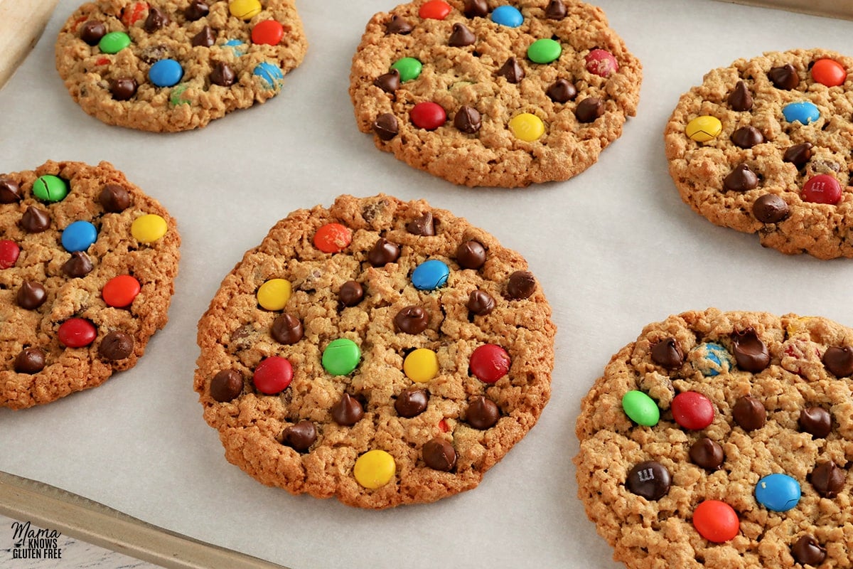 gluten-free monster cookies on a cookie sheet