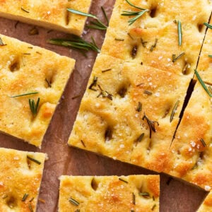 overhead view of cut gluten-free focaccia.