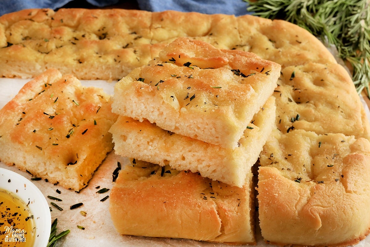 gluten-free focaccia sliced into pieces