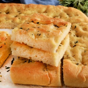 gluten-free focaccia bread sliced and stacked on top of each other