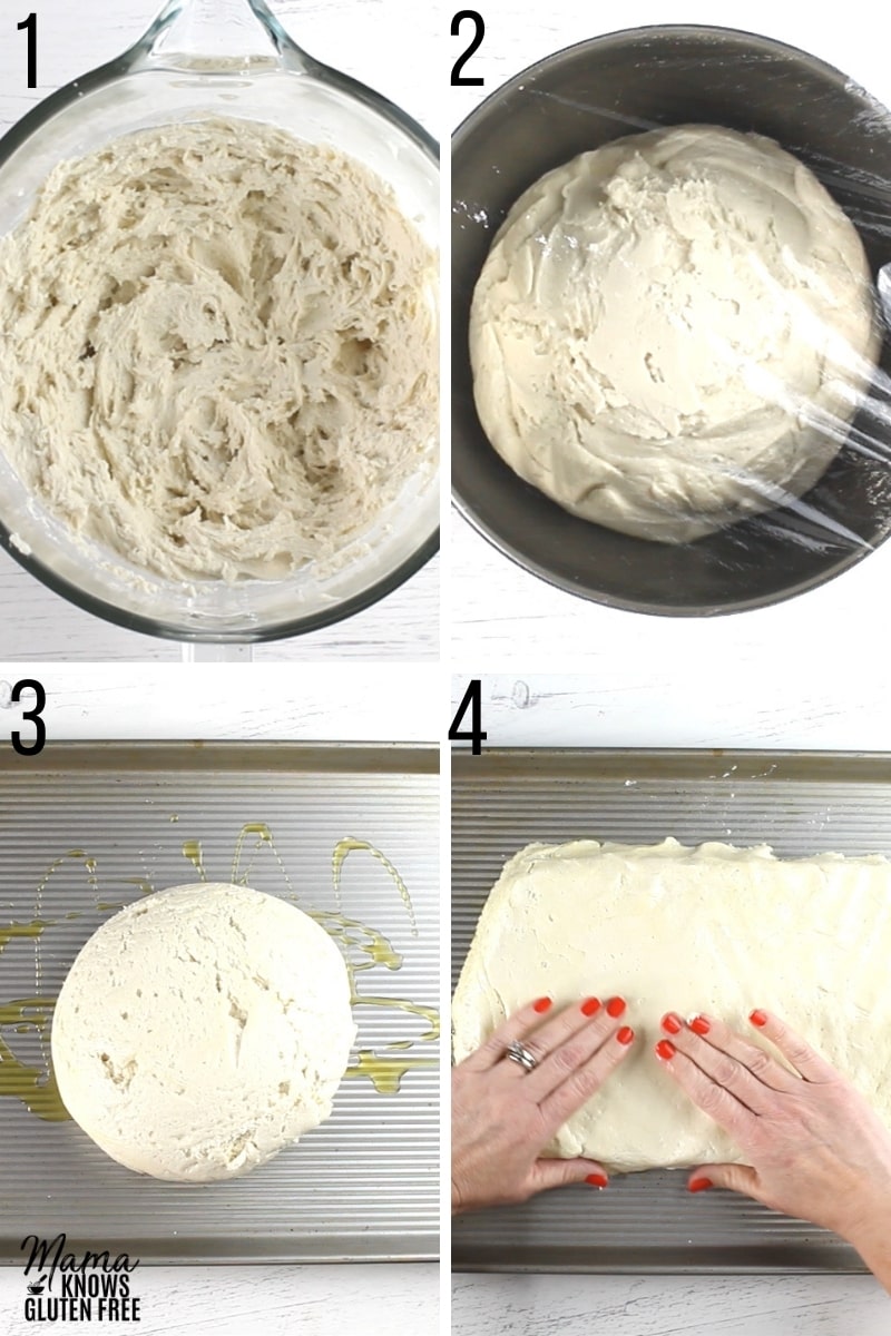 gluten-free focaccia bread recipe steps photo collage 1-4
