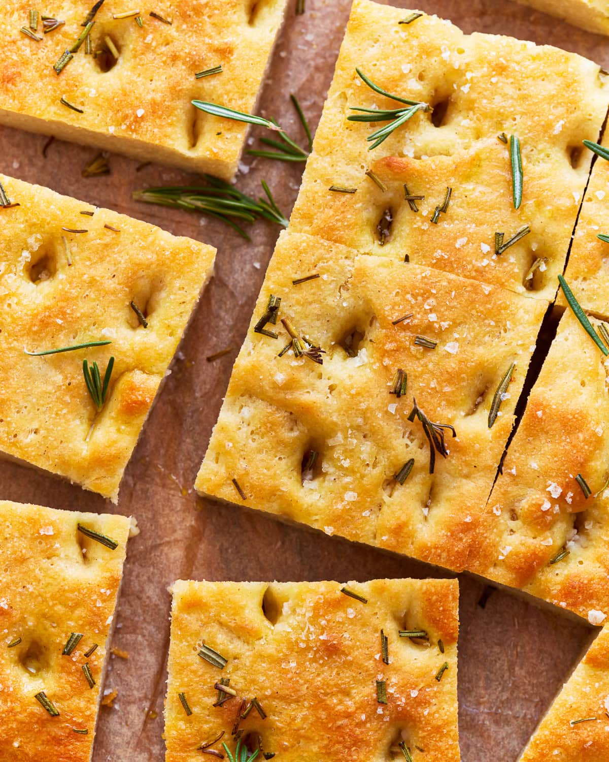 overhead view of cut gluten-free focaccia.