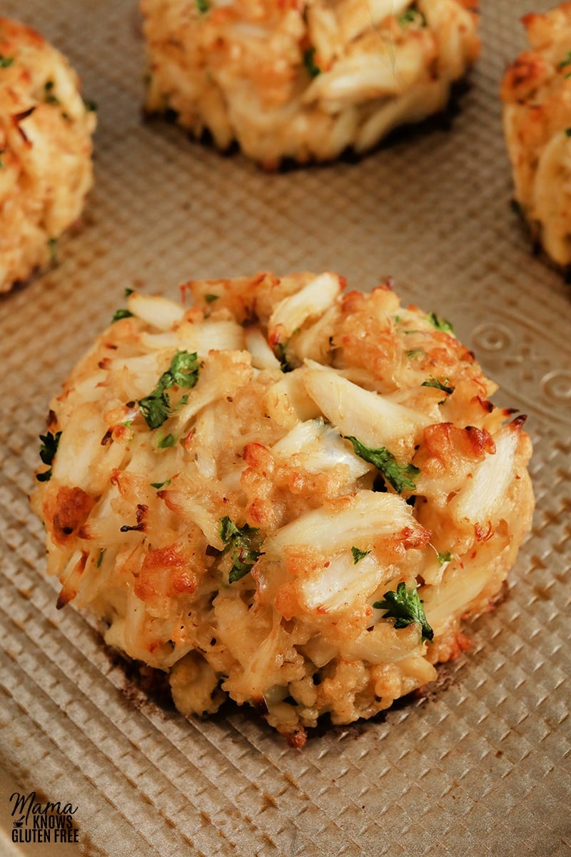 gluten-free crab cake on a baking sheet