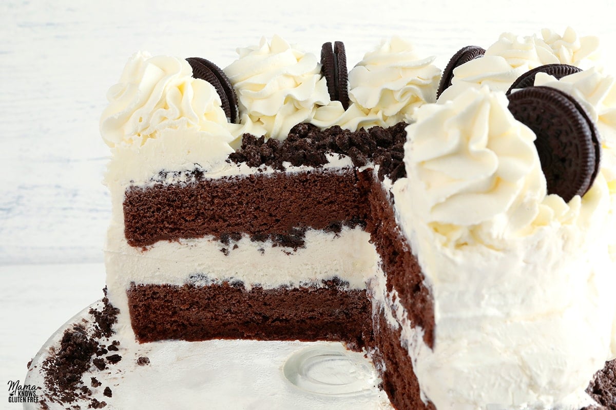 gluten-free ice cream cake sliced to see the inside of the cake