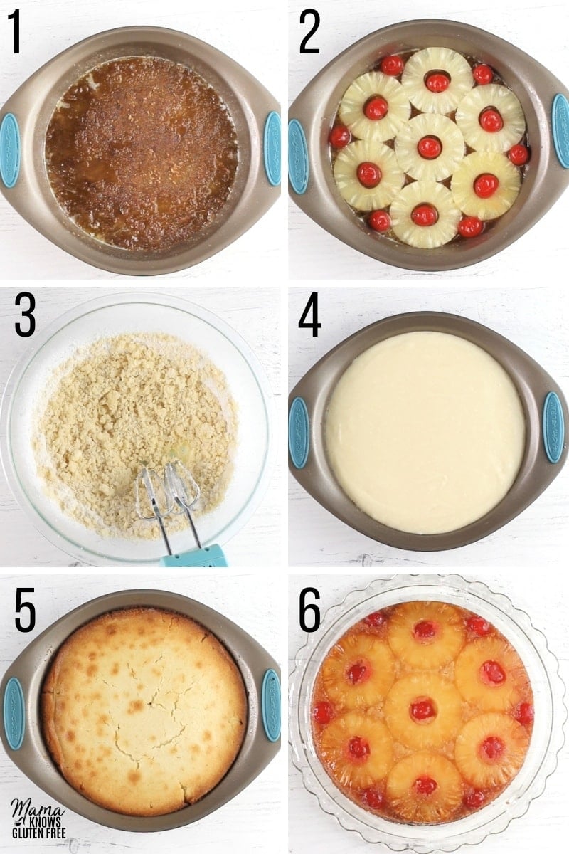 gluten-free pineapple upside down cake recipe step photo collage