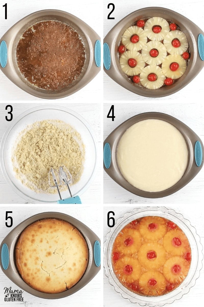 Step by step images for how to make a pineapple upside down cake.