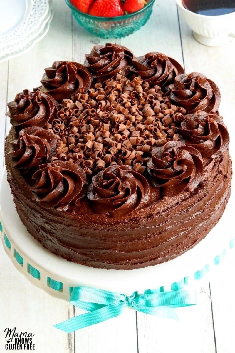 gluten-free chocolate cake frosted with chocolate buttercream frosting