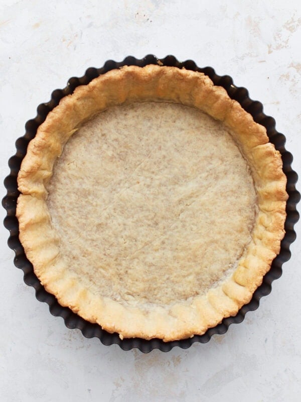 Overhead view of a gluten-free pie crust in a pie pan.