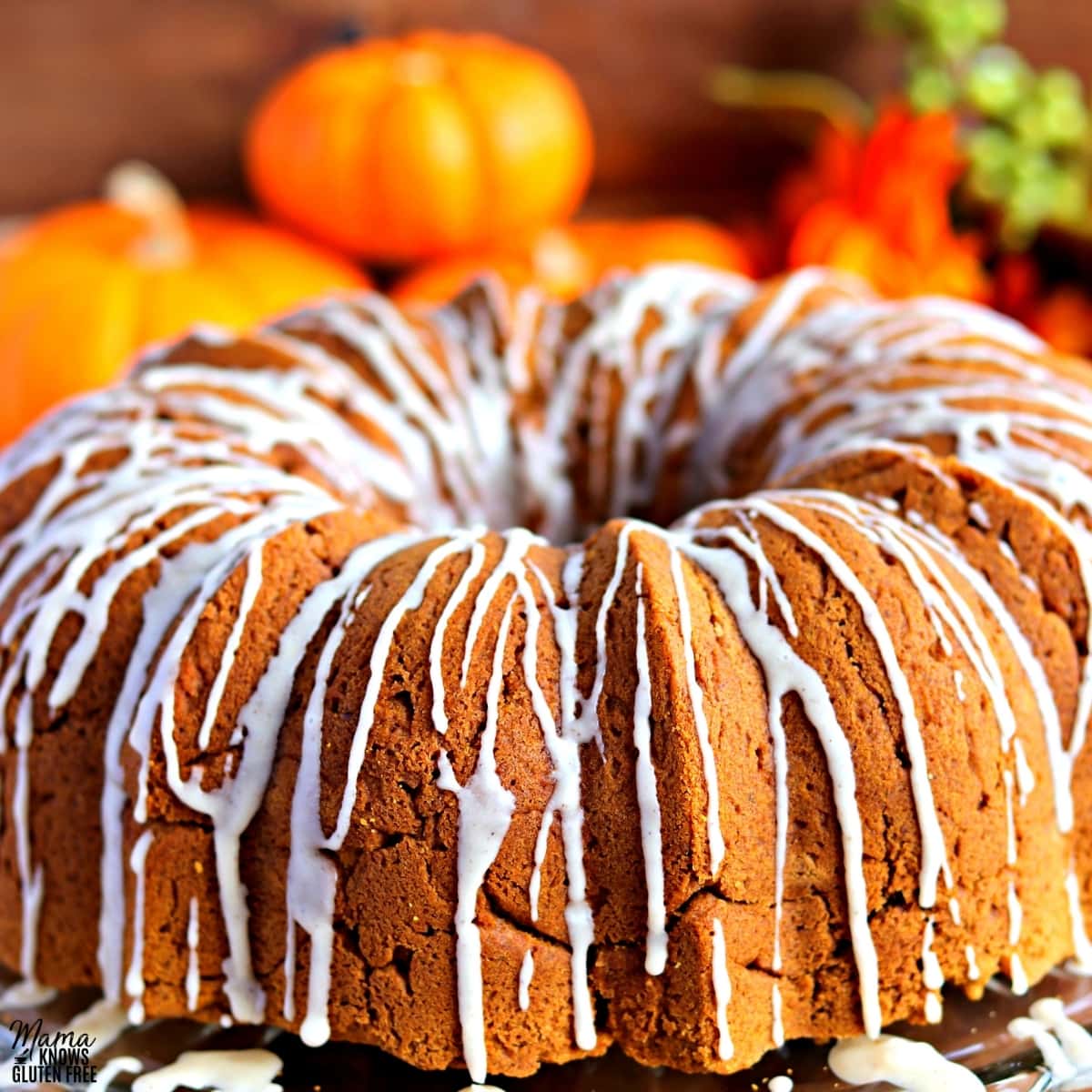 gluten-free pumpkin cake with pumpkins in the background