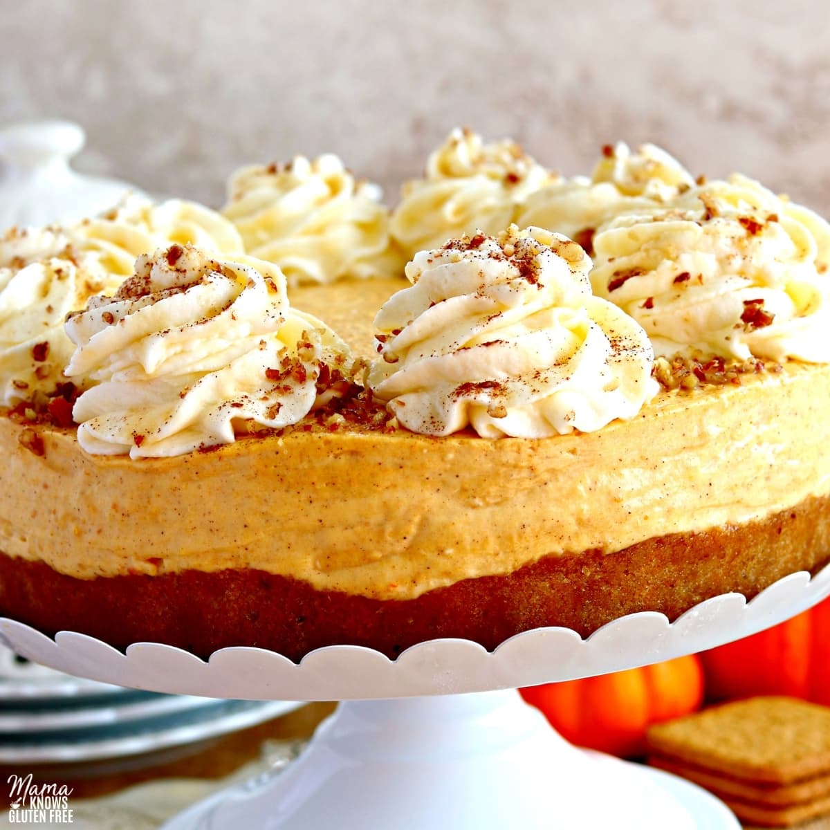 gluten-free pumpkin cheese cake on a white cake stand