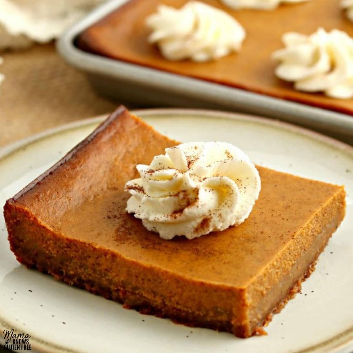 gluten-free pumpkin pie bar slice on a white plate with the bars in the background