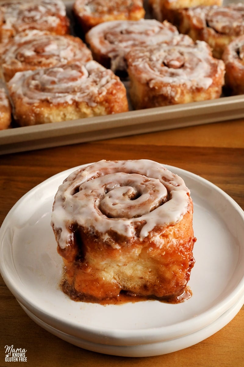 gluten-free cinnamon roll on a white plate with a pan of cinnamon rolls in the background