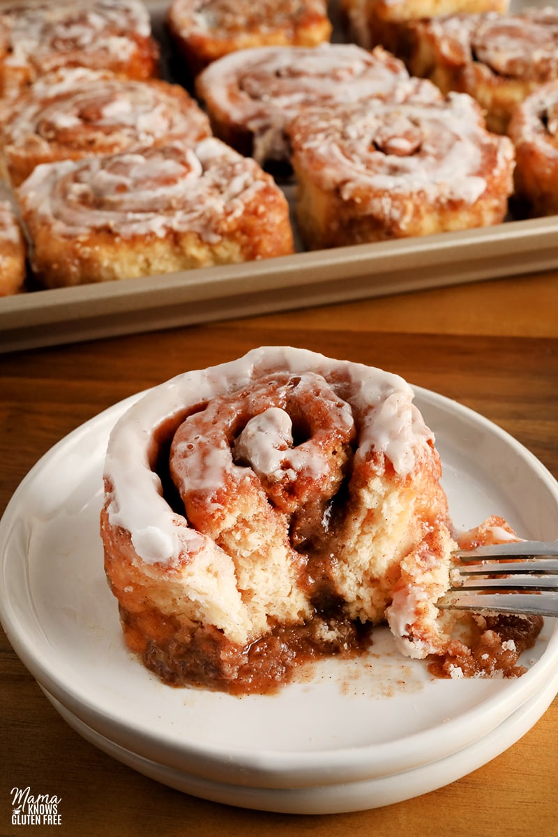 gluten-free cinnamon roll cut on a white plate with a fork and pan of cinnamon rolls in the background