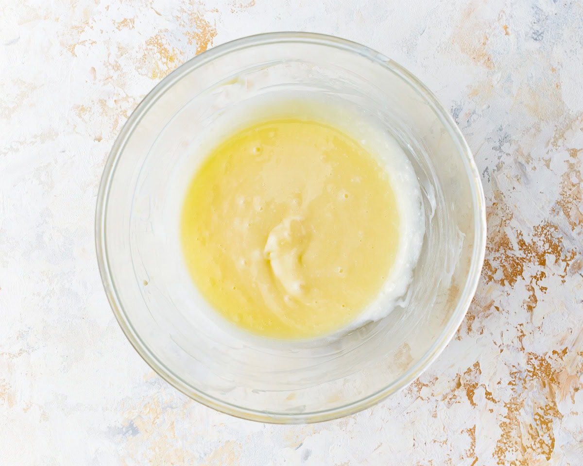 wet ingredients in a glass bowl.