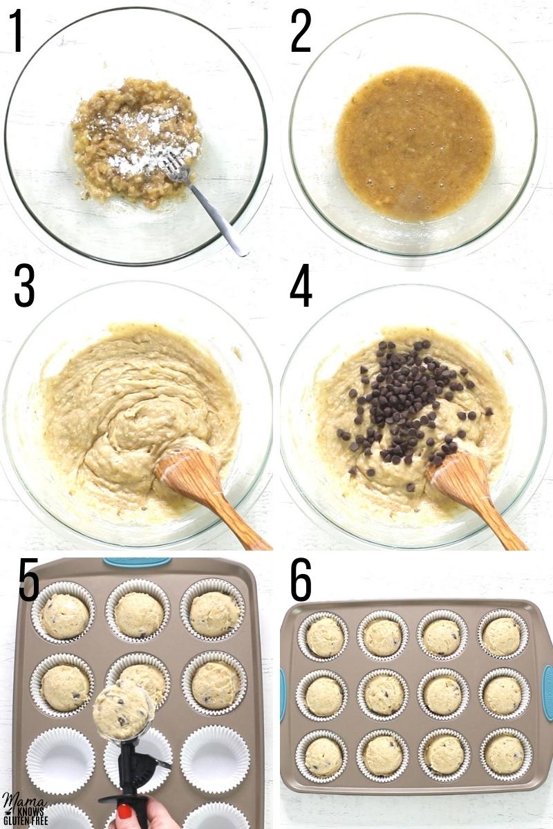 gluten-free banana muffins recipe steps 1-6 photo collage 