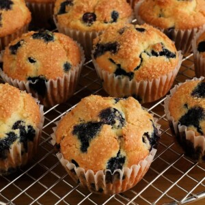 gluten-free blueberry muffins on a cooling rack