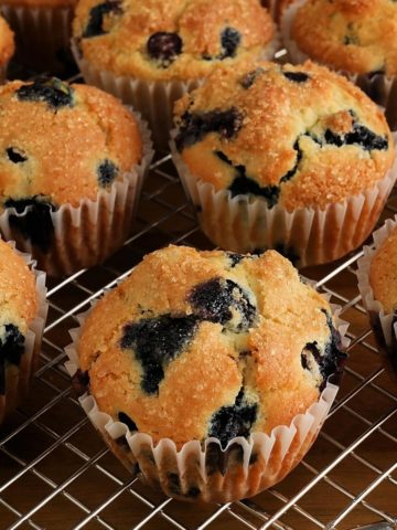 gluten-free blueberry muffins on a cooling rack