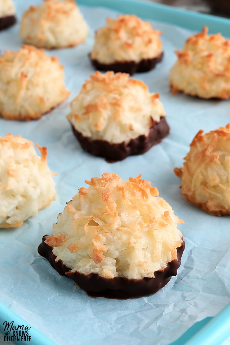 gluten-free coconut macaroon cookie dipped in chocolate on a blue cookie sheet