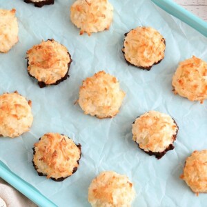 gluten-free coconut macaroons on a blue cookie sheet
