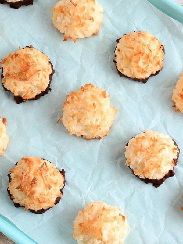 gluten-free coconut macaroons on a blue cookie sheet