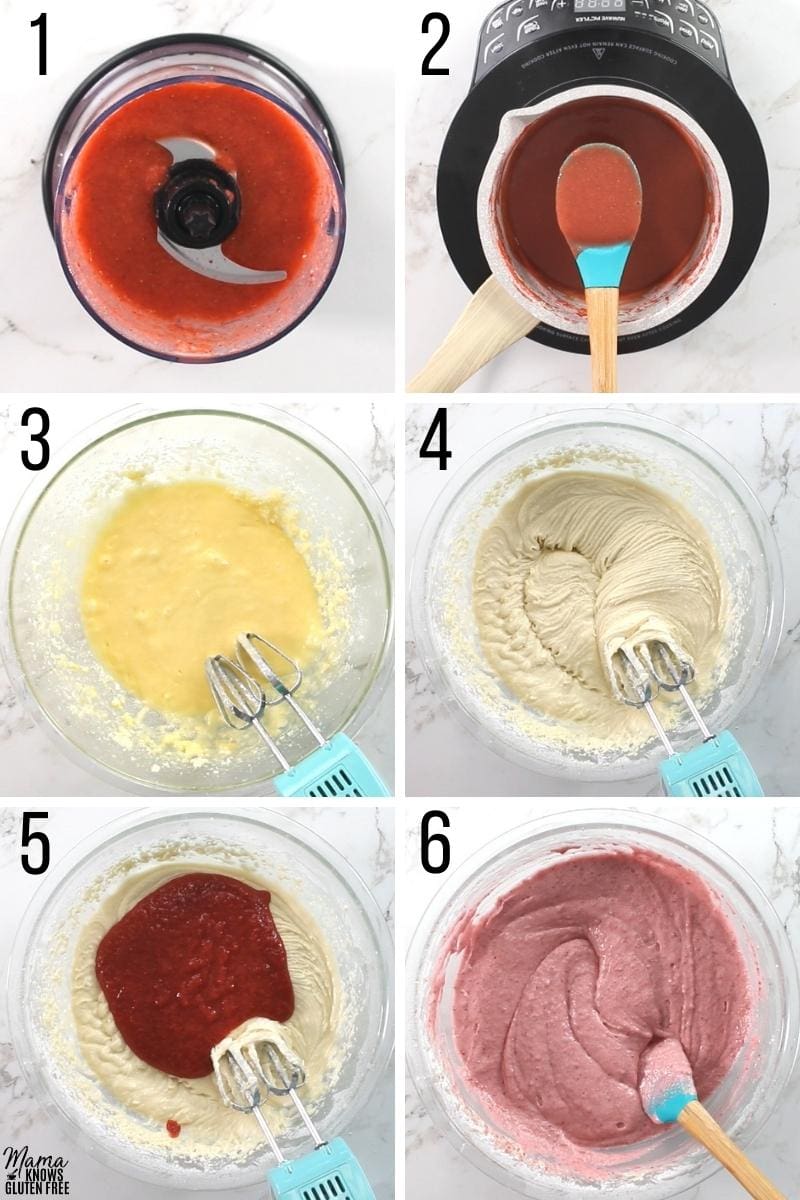 gluten-free strawberry cake recipe steps photo collage 1-6