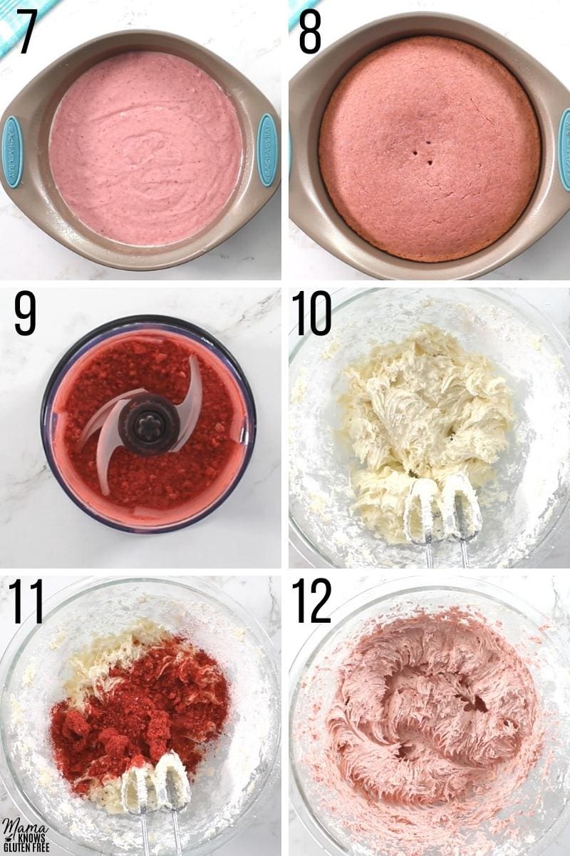 gluten-free strawberry cake recipe steps 7-12 photo collage 
