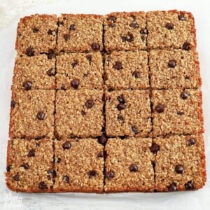 oatmeal bars sliced into squares on a white background