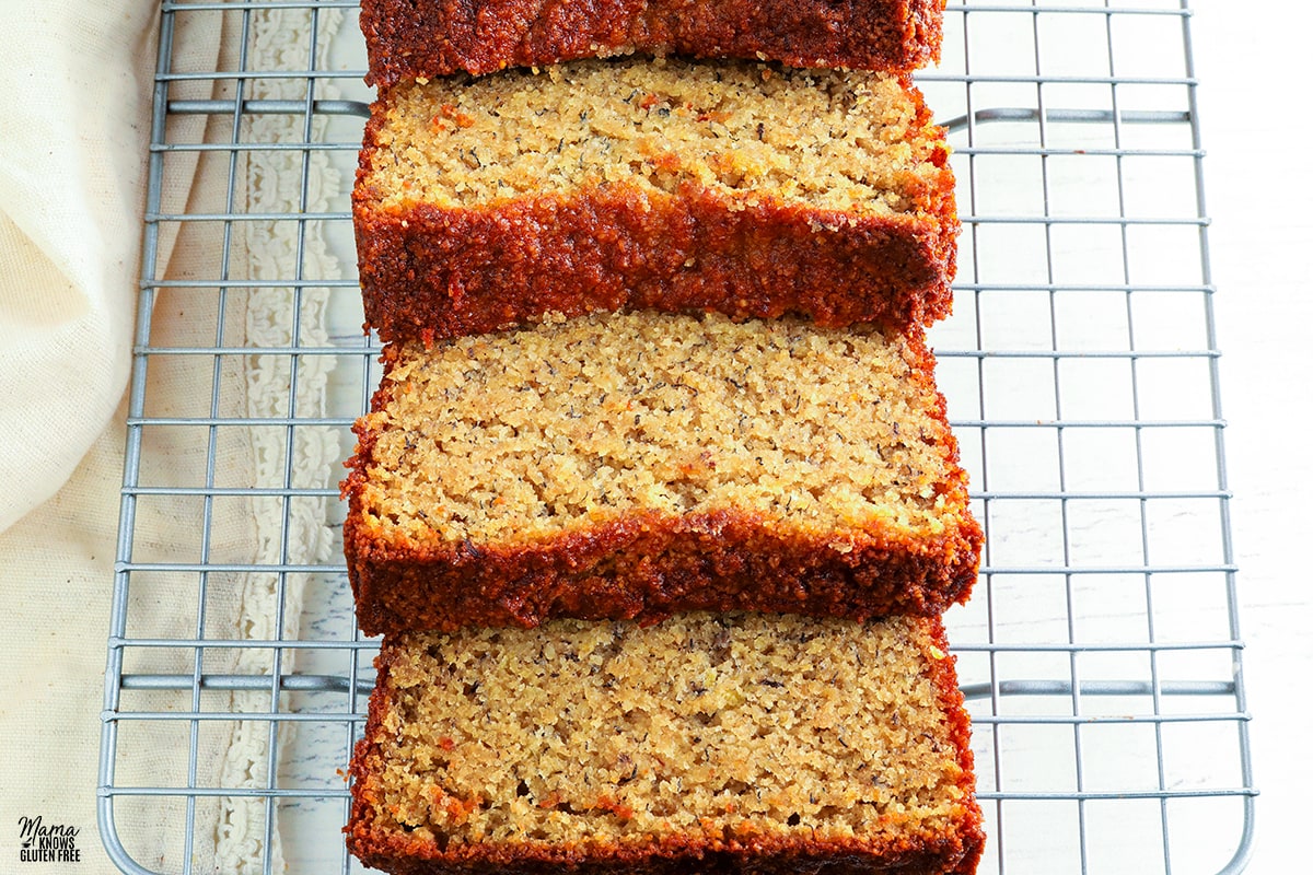 almond flour banana bread on a wire cooling rack