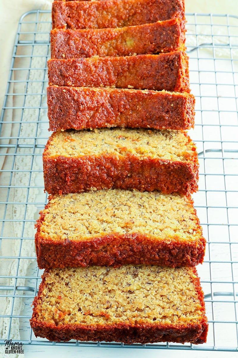 almond flour banana bread sliced on a wire rack