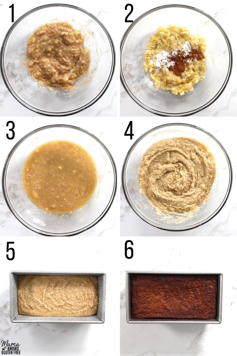 almond flour banana bread recipe steps photo collage