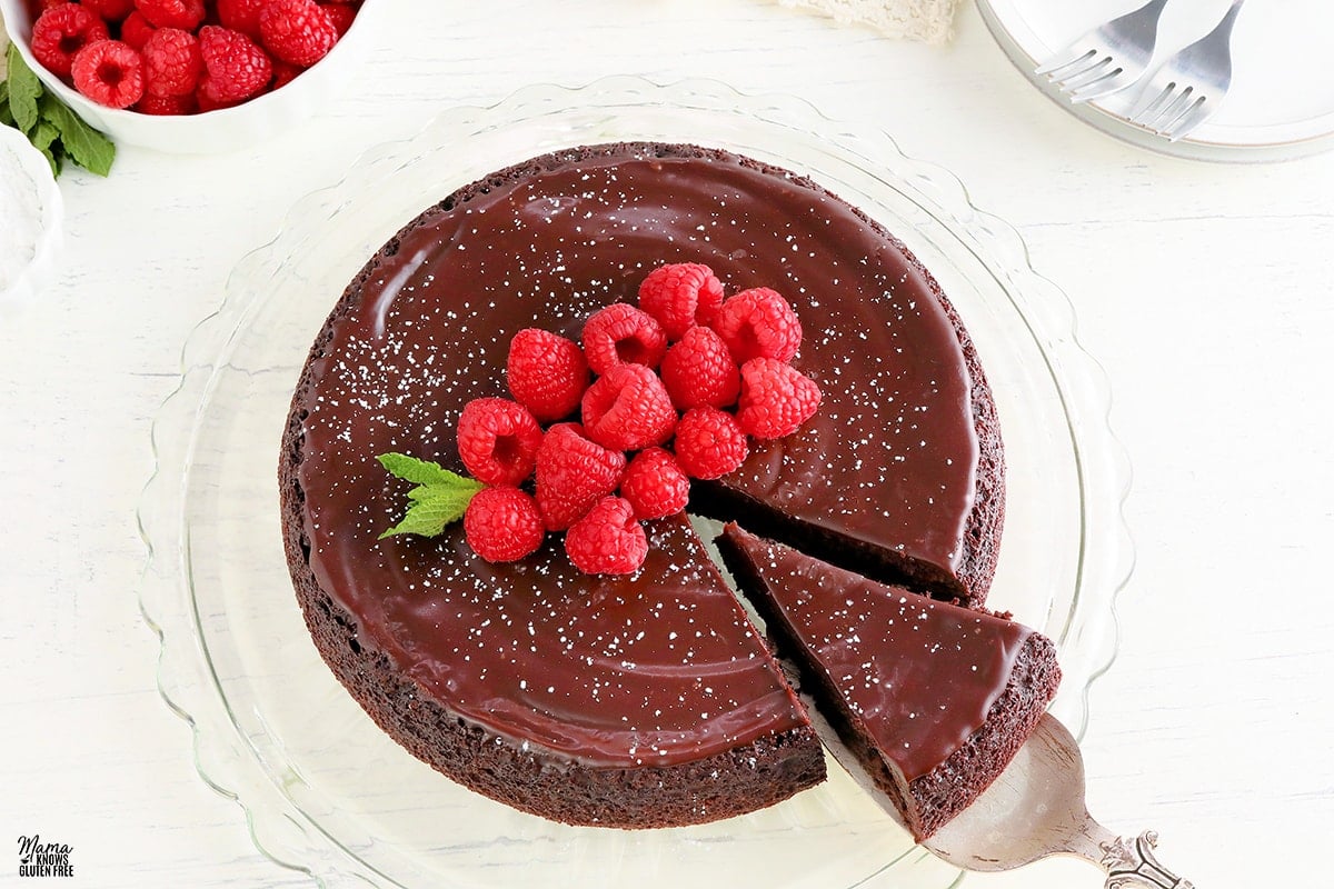 flourless chocolate cake toped with raspberries