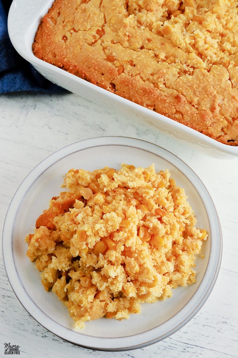 a serving of gluten-free corn casserole on a white plate.