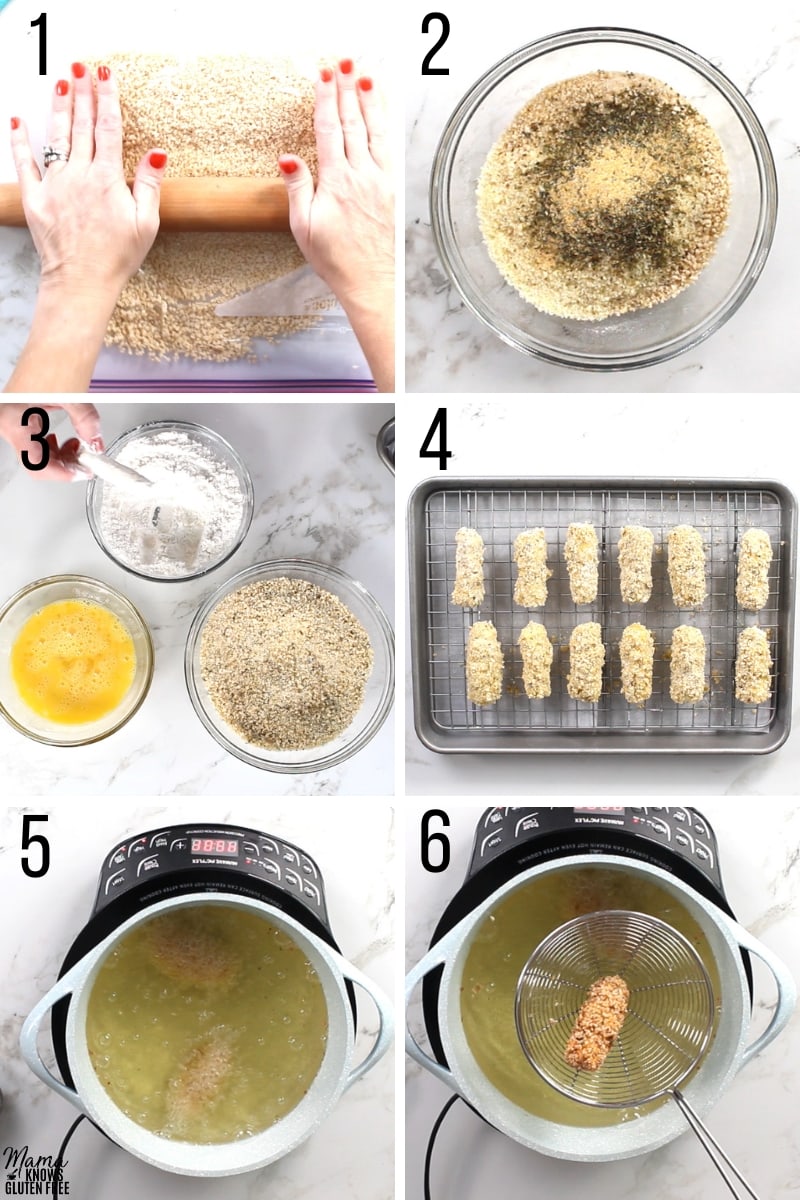 gluten-free mozzarella sticks recipe steps photo collage 1-6