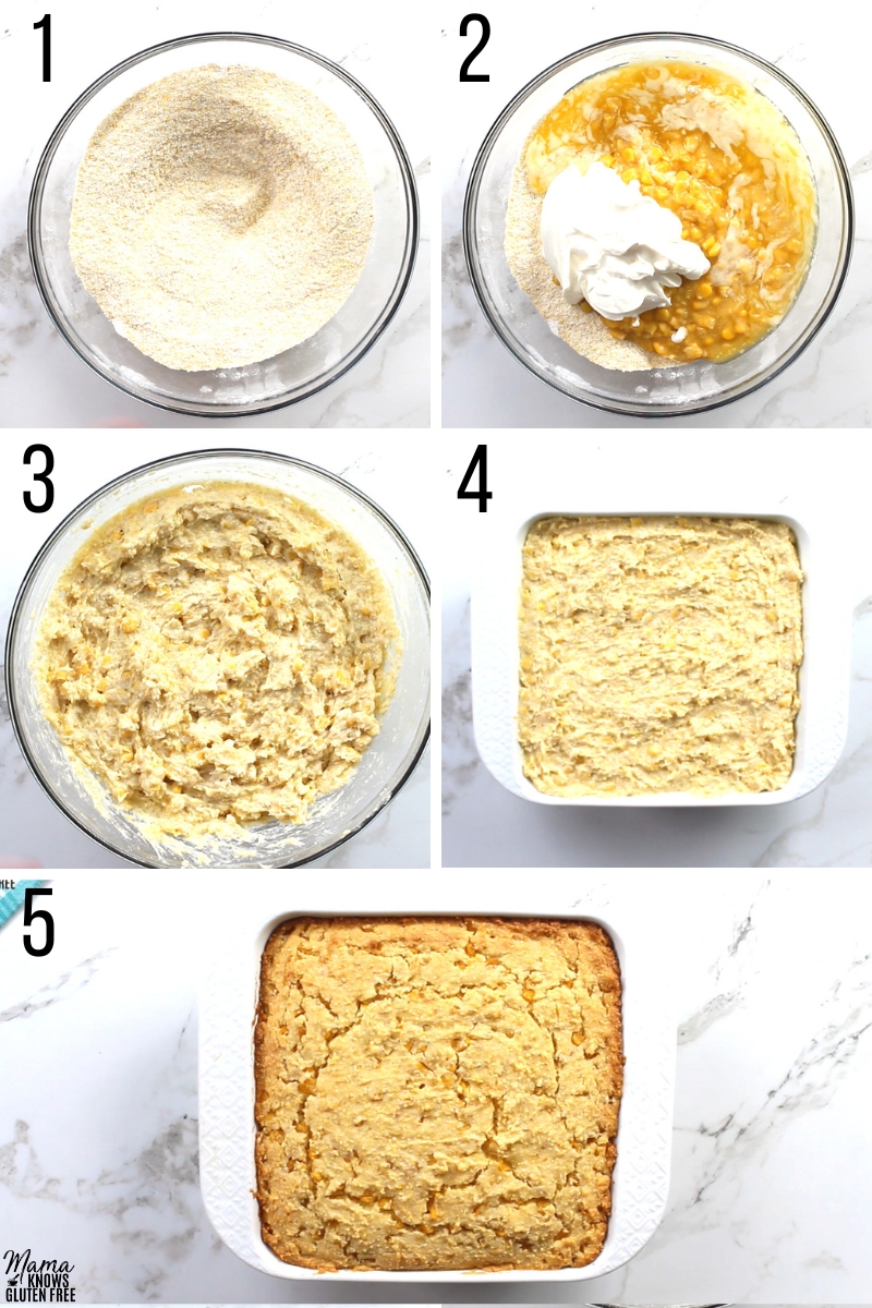 gluten-free corn casserole recipe steps 1-5 photo collage 