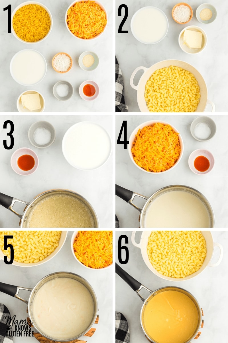 gluten-free mac and cheese recipe steps collage