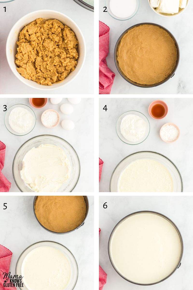 Recipe steps for making gluten-free cheese cake.