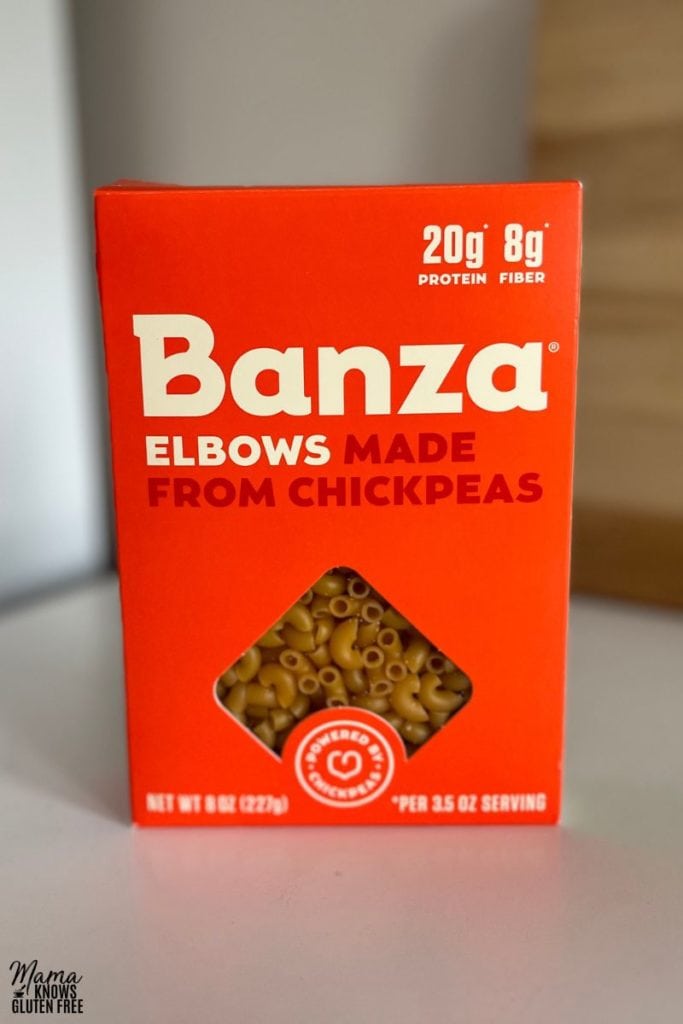 A box of Banza Elbows Chickpea Macaronies