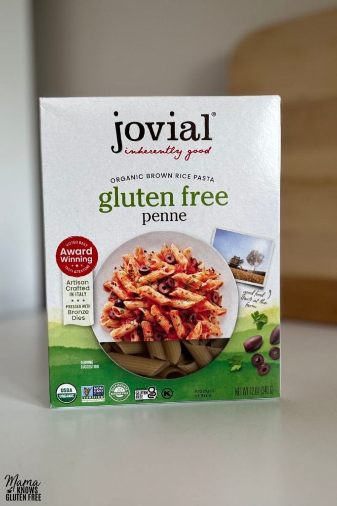 A box of Jovial Organic Brown Rice Gluten-Free Penne Pasta