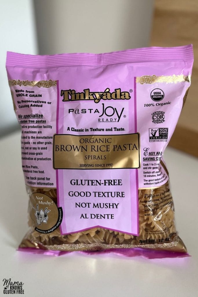 A bag of Tinkyáda Organic Brow Rice Pasta Spirals