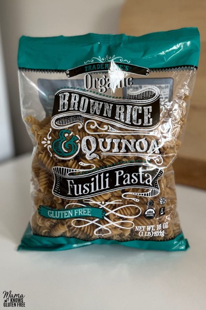 A bag of Trader Joe's Organic Brown Rice and Quinoa Fusilli Pasta