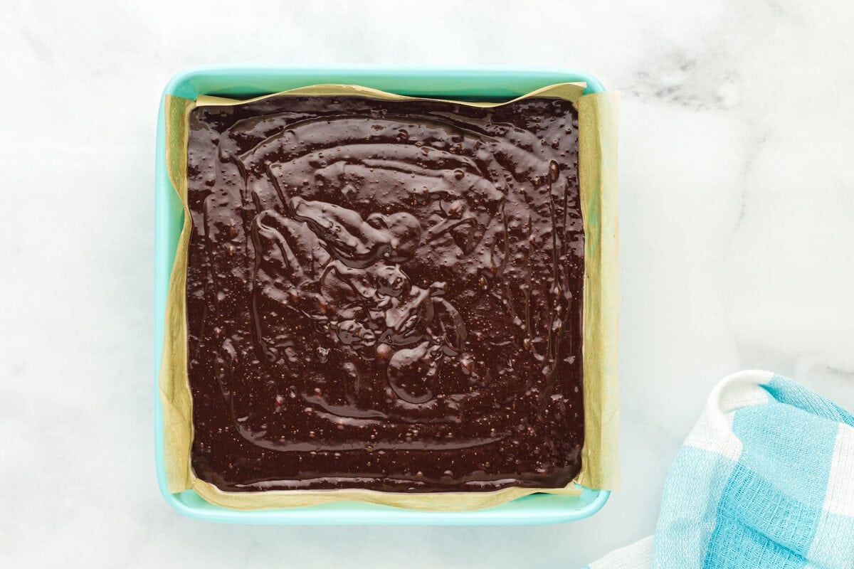 Flourless brownie batter in a brownie pan.