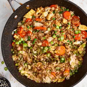 Close up of gluten-free fried rice in a skillet