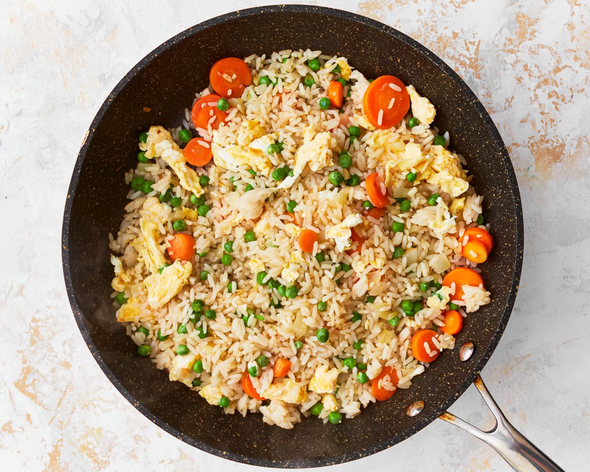 Gluten-free fried rice in a skillet