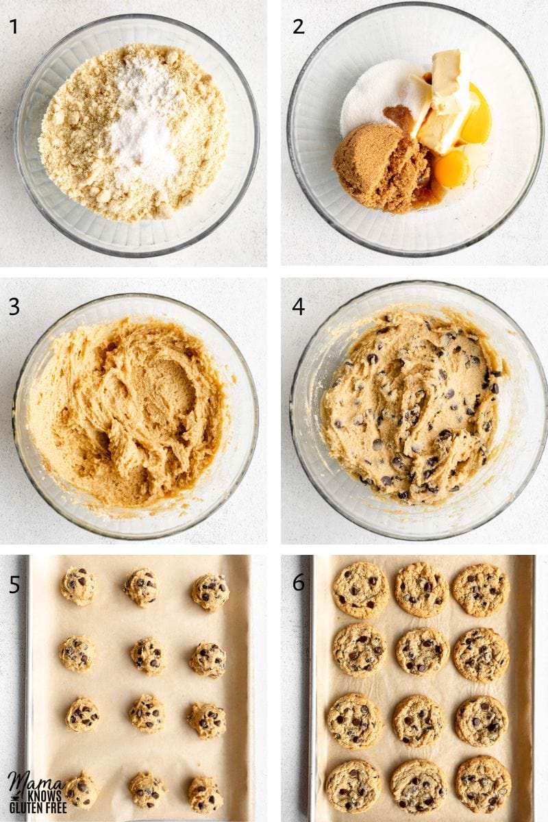 Recipe steps for making Almond Flour Chocolate Chip Cookies.